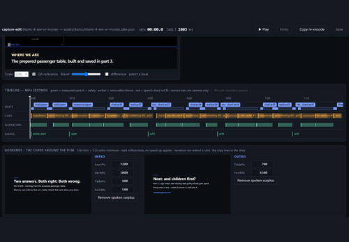 Demo Capture editor showing the beat and narration timeline above intro and outro card settings